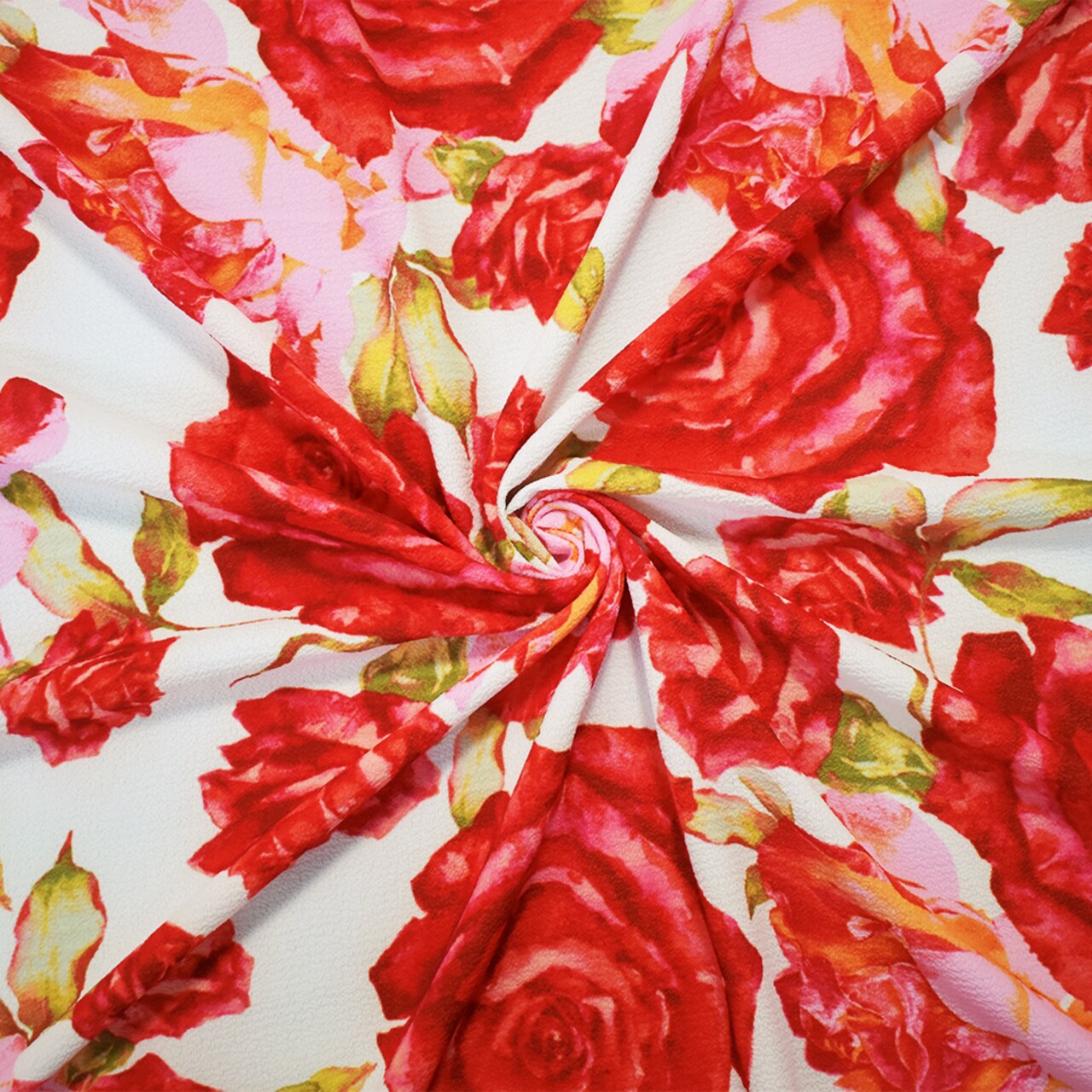 Red-Pink-Multi Poly Floral Printed Pebble Crepe Woven Fabric By the Yard
